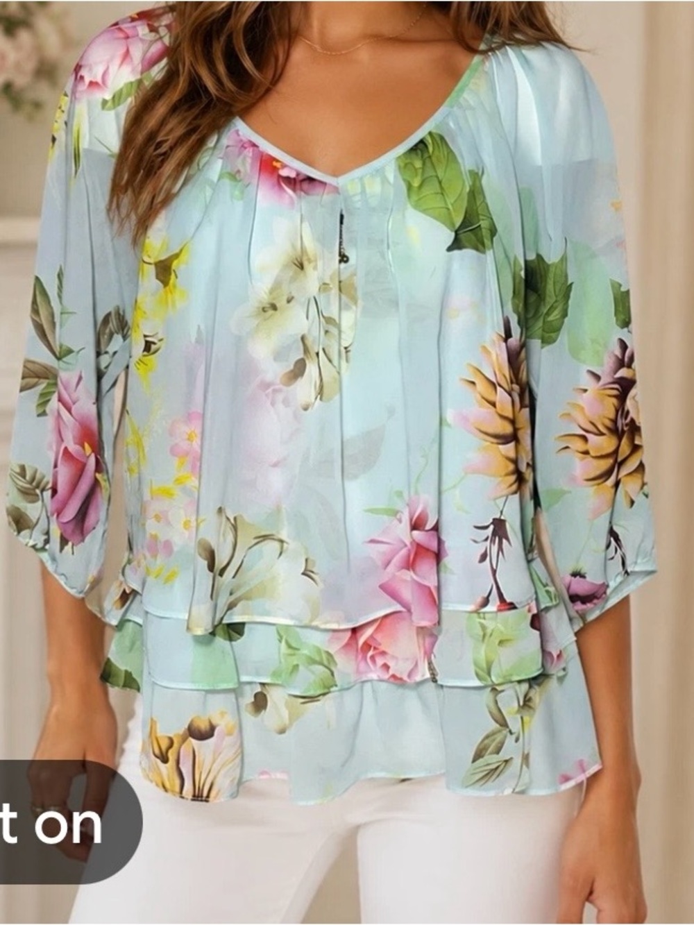 Joseph Ribkoff Light Blue Floral Layered V-Neck Blouse